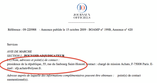 L'entête de l'appel d'offre lancé par l'Elysée L'entête de l'appel d'offre lancé par l'Elysée